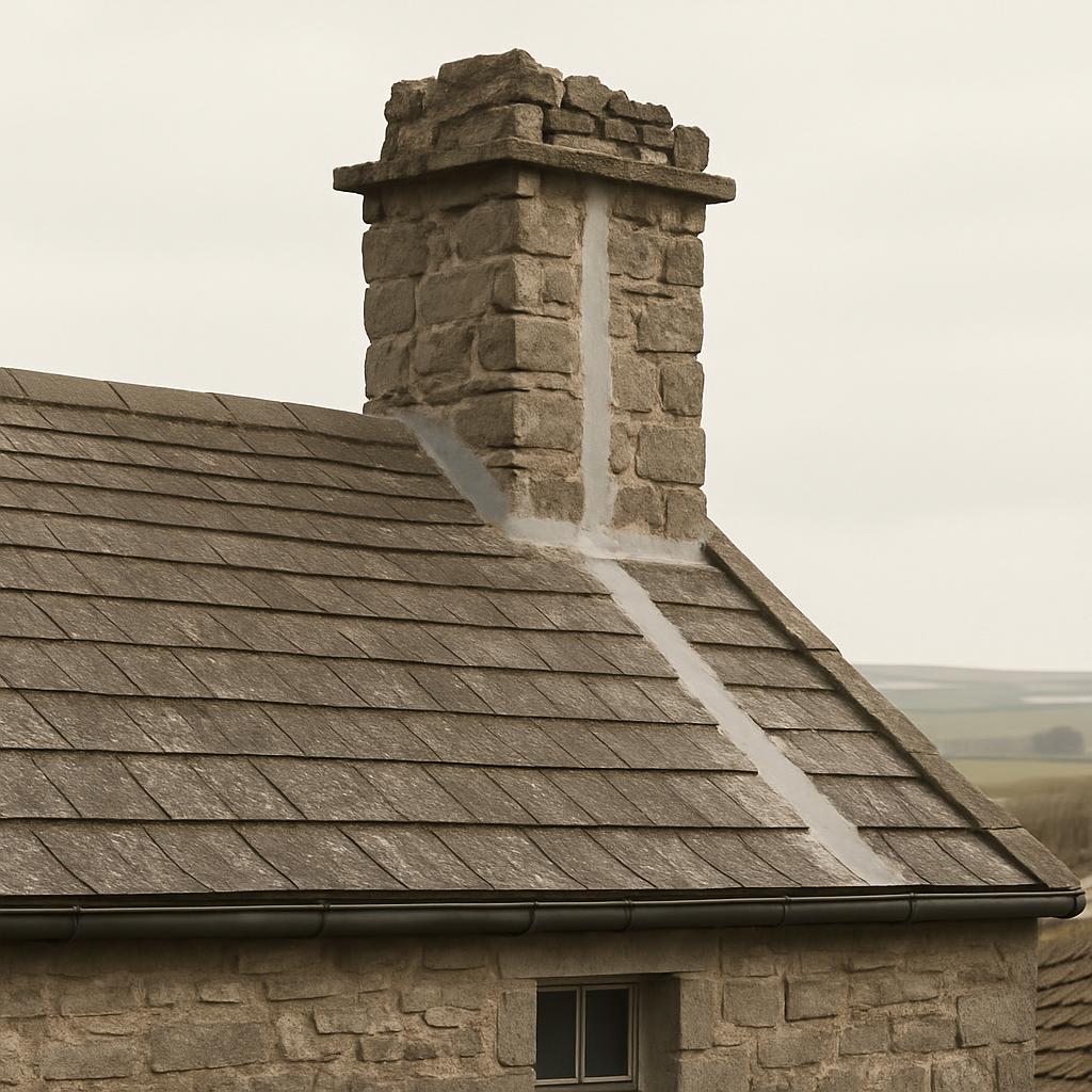 A rustic stone house or cottage roof with a vertical grey stone chimney rising from the base, topped with a rough stone ca...