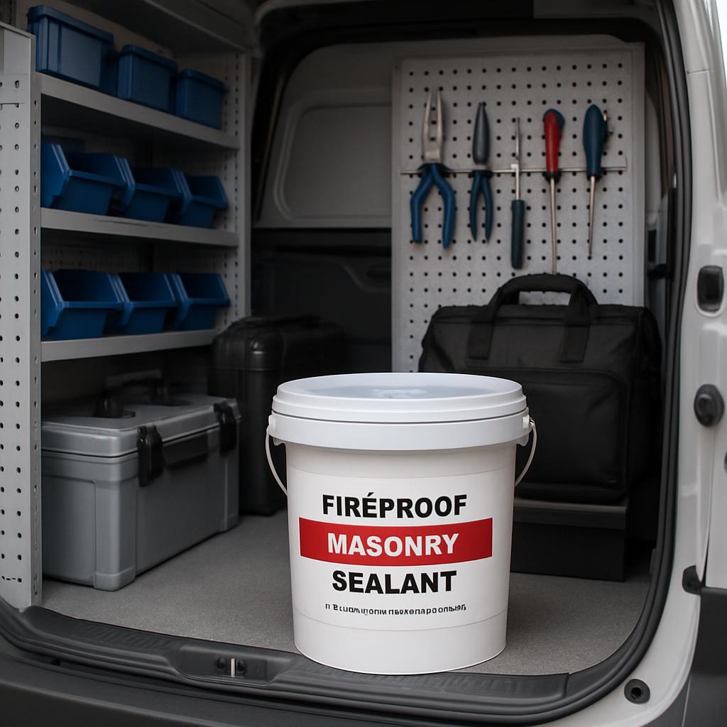 Large white bucket labeled "Fireproof Masonry Sealant" sitting outside the open hatch of a cargo van or similar vehicle. T...