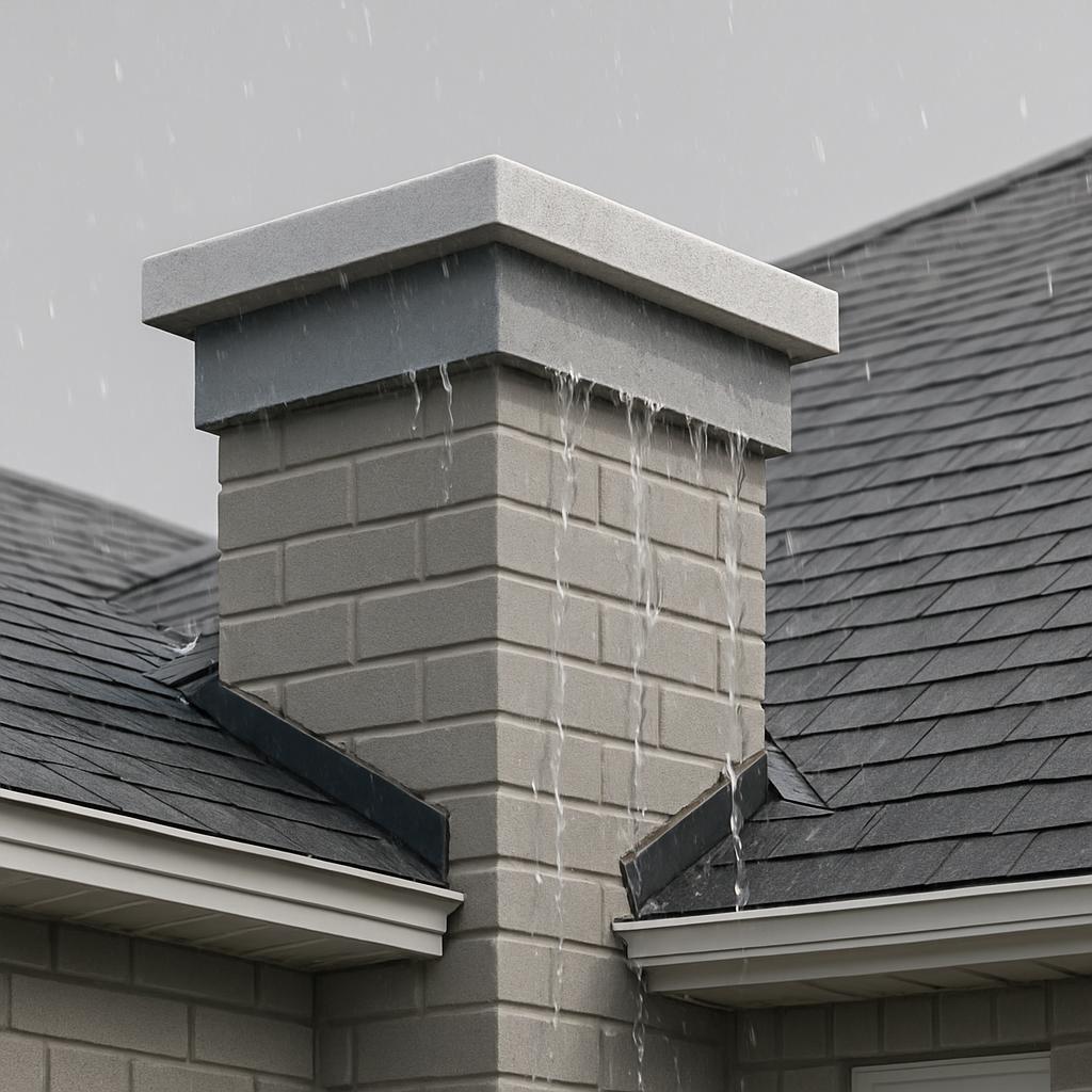 Rain water is flowing down the top of a gray chimney and downspouts in the rain.