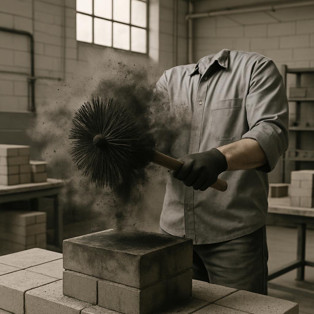 The worker is using a brush to remove dust from a menacing white brick, showcasing their precision and attention to detail...